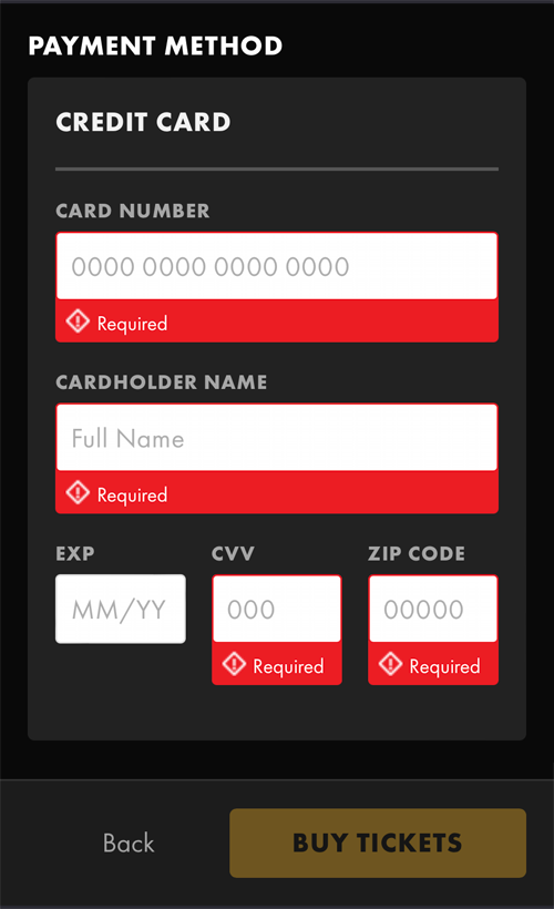 screenshot of the payment screen with red error messages denoting several fields are required