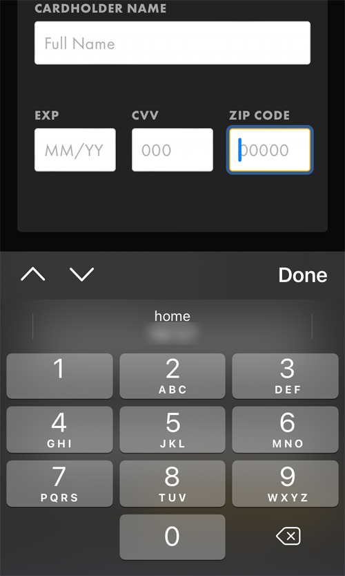 Screenshot of the payment screen with focus in the Zip Code field which displays the 10-key numerical keyboard on mobile devices