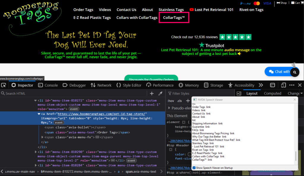 screenshot testing the boomerangtags.com website using NVDA and Chrome dev tools