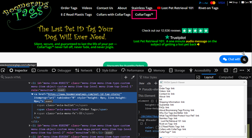 screenshot testing the boomerangtags.com website using NVDA and Chrome dev tools