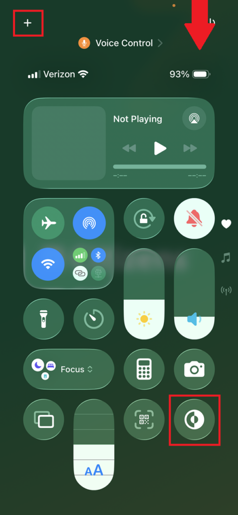 Screenshot of the iOS Control Panel with two controls highlights, one for adding to the Control Panel and one for toggling dark mode. There is also an arrow in the up right pointing down to indicate that you open the Control Panel by dragging down from the top right of the screen.