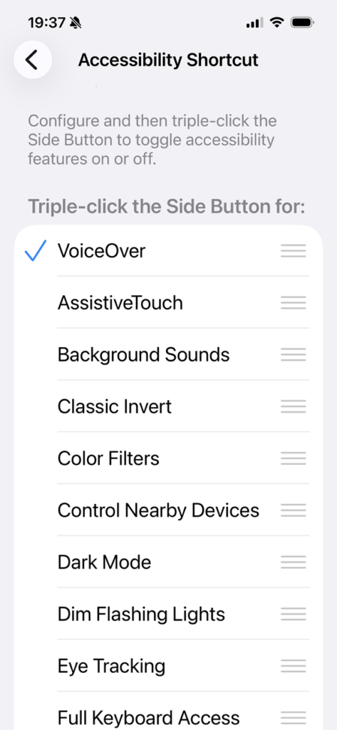 Screenshot of the iOS Accessibility Shortcut screen with a list of accessibility features to choose from. The VoiceOver option is selected.