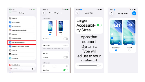 Screenshots of Display & Brightness settings on iOS showing dark mode, larger accessibility size text, and display zoom.