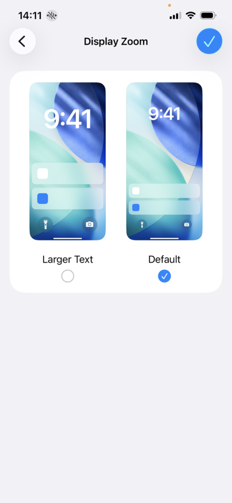 Screenshot of the iOS Display Zoom screen with the Default size selected