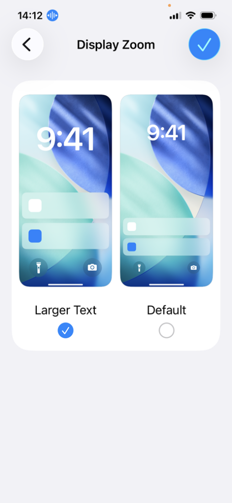 Screenshot of the iOS Display Zoom screen with the Larger Text size selected. Everything on the screen is larger than the default size.