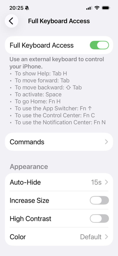 Screenshot of the iOS Full Keyboard Access screen with the Full Keyboard Access toggle switched on.