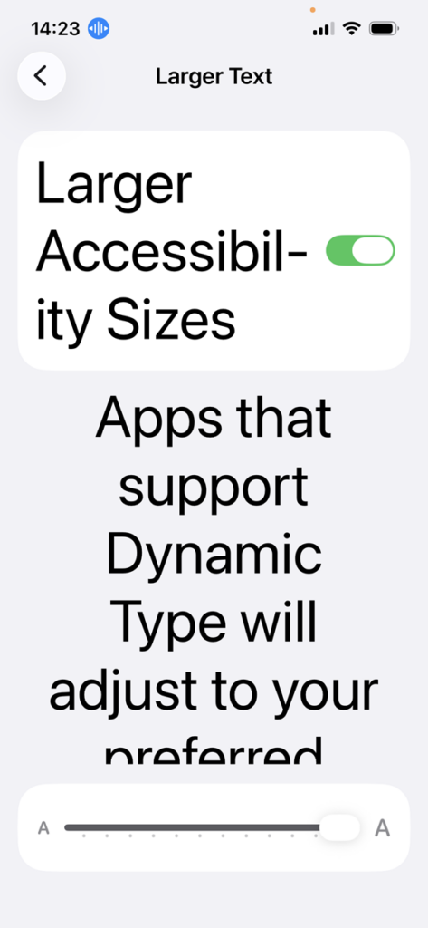 Screenshot of the iOS Larger Text screen with Larger accessibility sizes enabled and font size set to the maximum 310%