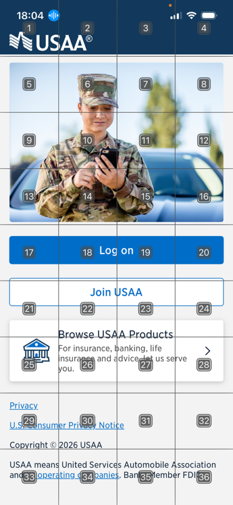 Screenshot of the iOS USAA app login screen with a grid of 36 numbers displaying over the entire screen.