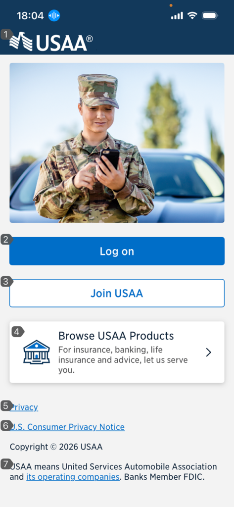 Screenshot of the iOS USAA app login screen with numbered speech flags displaying next to 7 interactive elements.