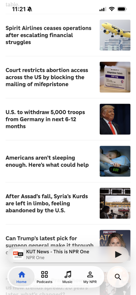 Screenshot of a list of headlines with thumbnails in the NPR app at default text size. The full text of each headline is visible.