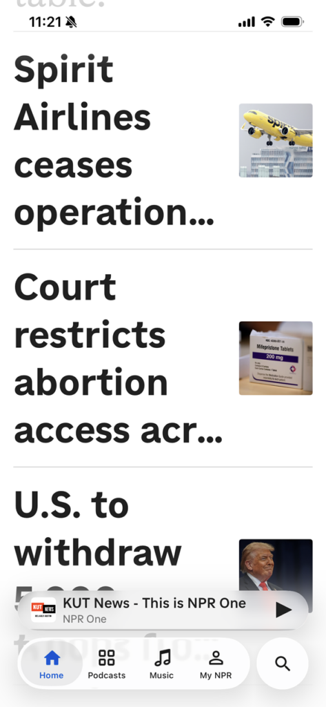 Screenshot of a list of headlines with thumbnails in the NPR app 310% text size. The two visible headlines are truncated with ellipsis after a couple of words.