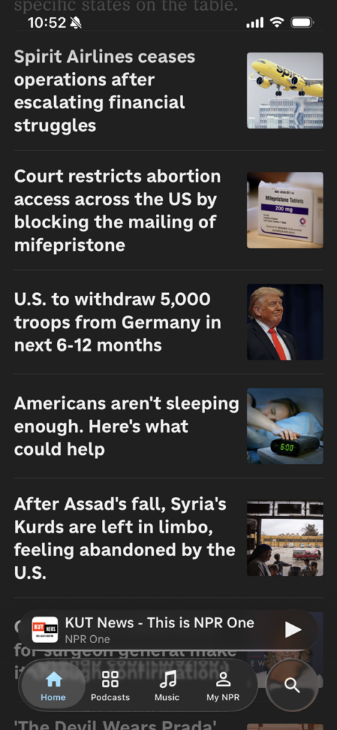 Screenshot of a list of headlines with thumbnail images in light text on a dark background.