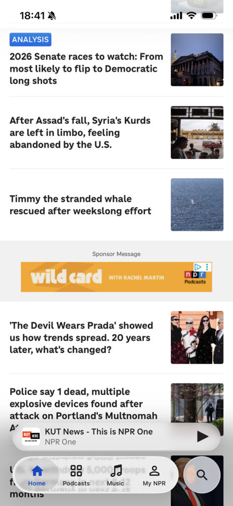 Screenshot of the NPR app with default display zoom set at 100% text size.