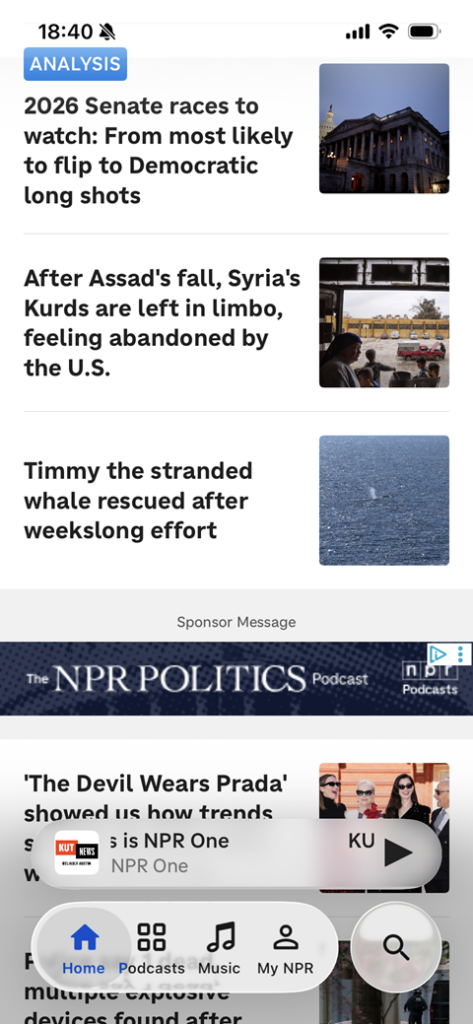 Screenshot of the NPR app at Larger Text display zoom with 100% text size. Everything on the screen is larger than default.