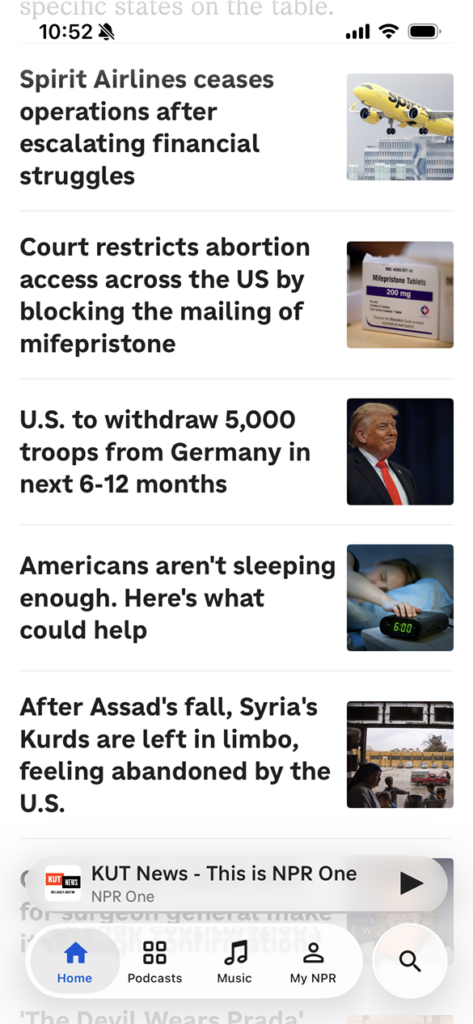 Screenshot of a list of headlines with thumbnail images in dark text on a light background.