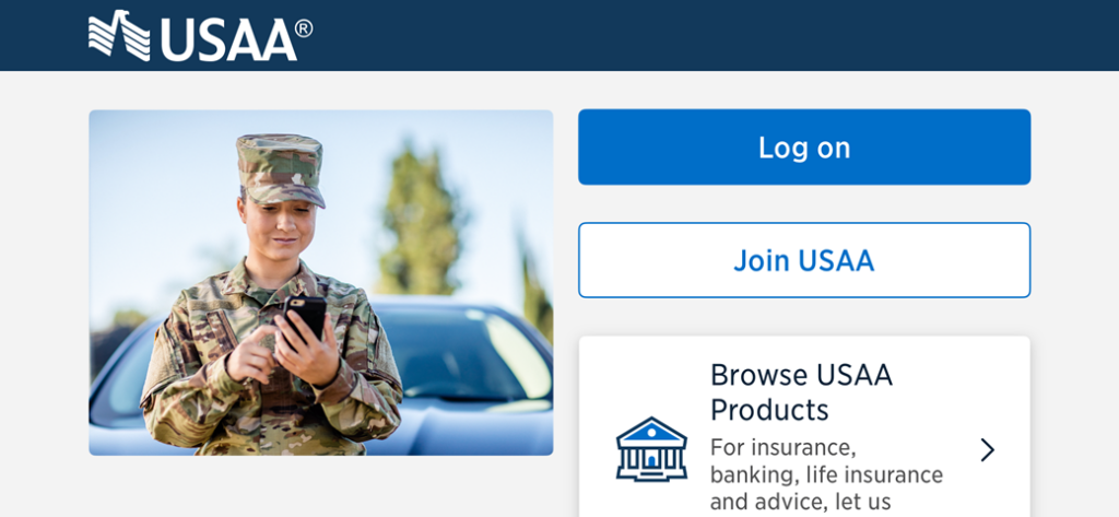 Screenshot of the USAA native mobile login screen in landscape orientation where the single column of content has reflowed into two columns.