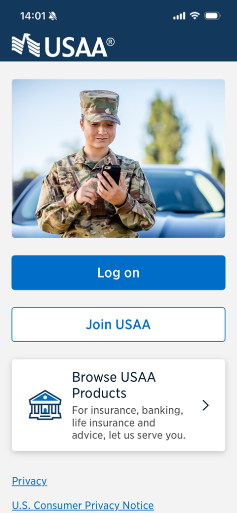 Screenshot of the USAA native mobile login screen in portrait orientation